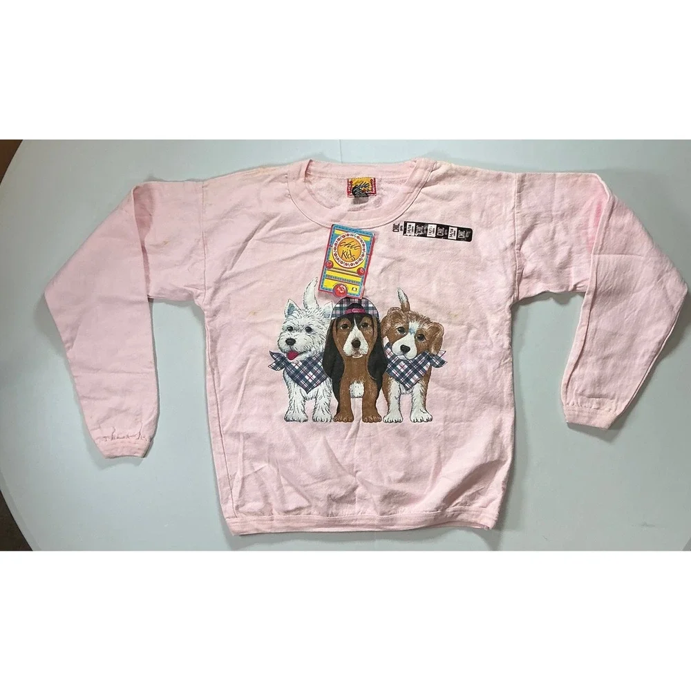 VTG USA Made 90s Puppy Dog Sweatshirt Girls Large 14 16 Pink